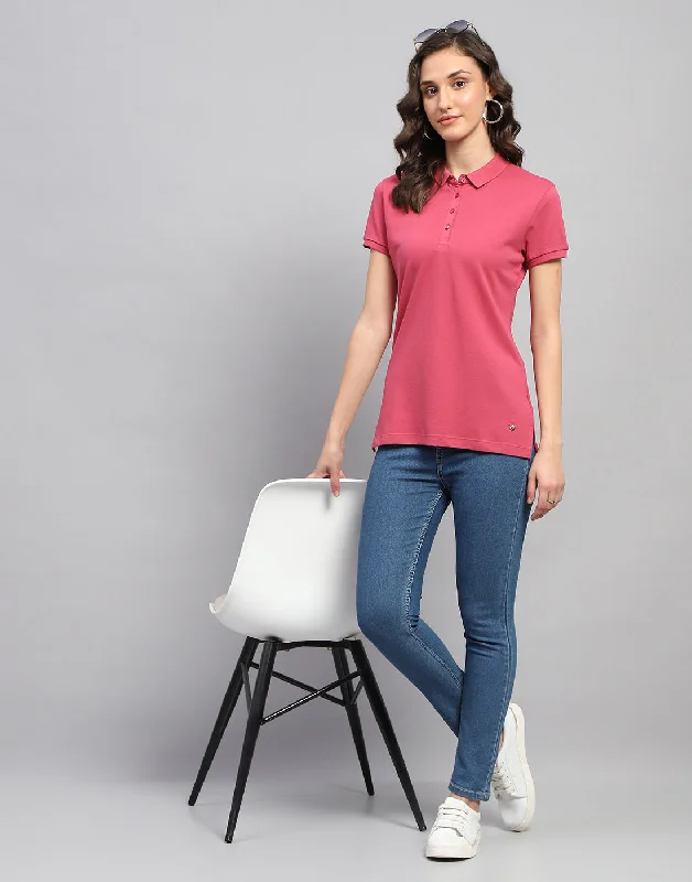 Tropical Style Women Pink Solid Polo Collar Half Sleeve T Shirt