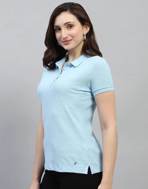 Goddess Outfit Women Sky Blue Solid Polo Collar Half Sleeve T Shirt
