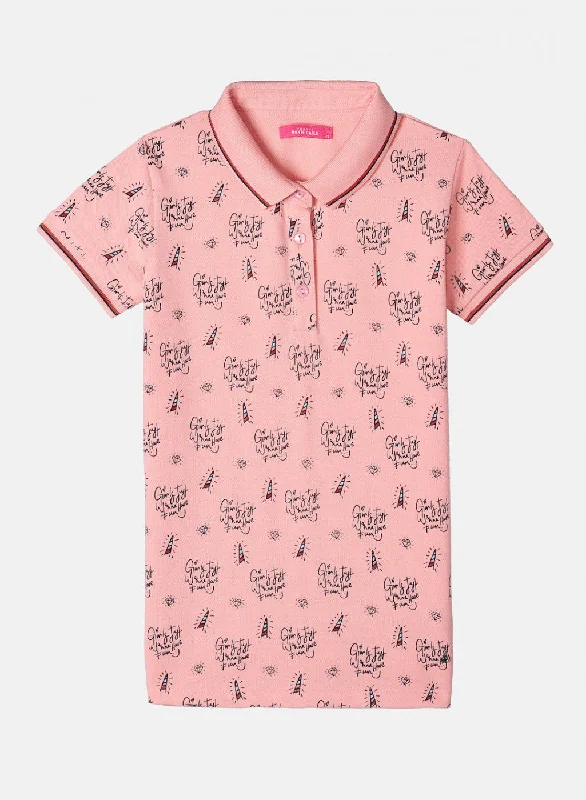 Leisure And Entertainment Girls Baby Pink Printed T-Shirt