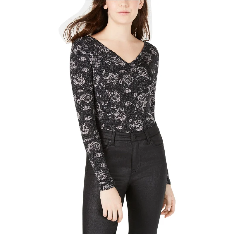 Cozy Fit Material Girl Womens Floral Bodysuit Jumpsuit, Black, Small