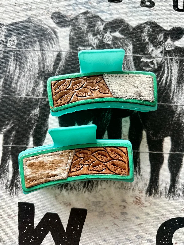 Literary Style Leather / Cowhide Turquoise Claw Clip - 4”