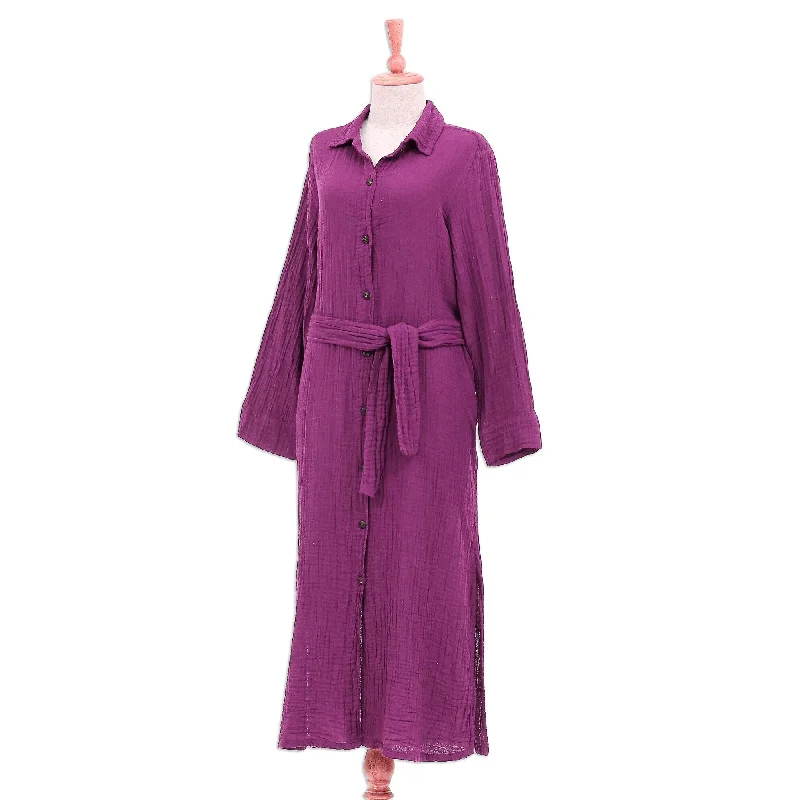 Eye-catching Personality Novica Handmade Street Smarts In Mulberry Cotton Shirtwaist Dress