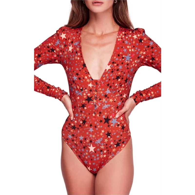 Soft Wear Free People Womens Stars Bodysuit Jumpsuit, Red, X-Small