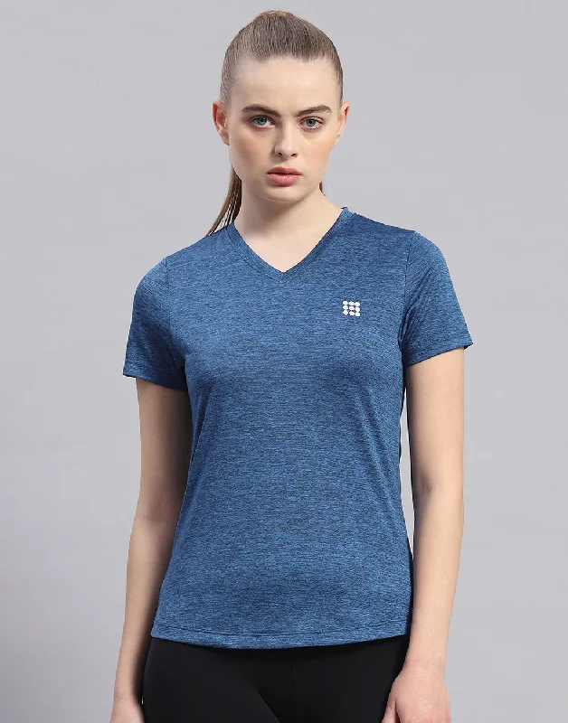 Sports High Waist Style Women Navy Blue Solid V Neck Half Sleeve Top
