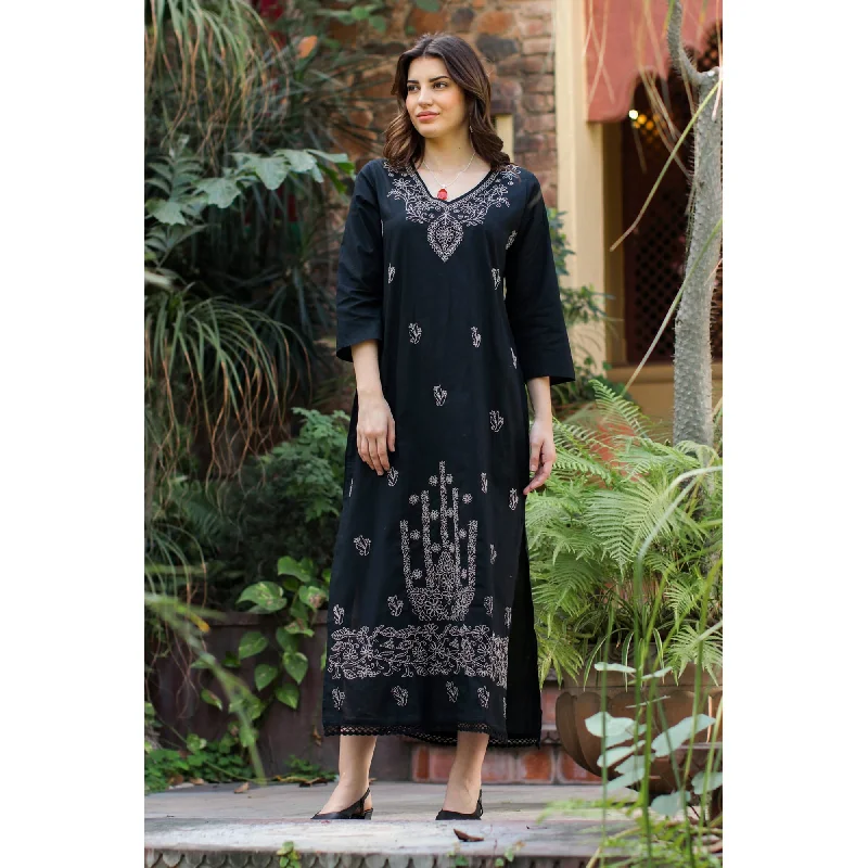 Ethnic Style Novica Handmade Midnight Bliss Embroidered Cotton Sheath Dress