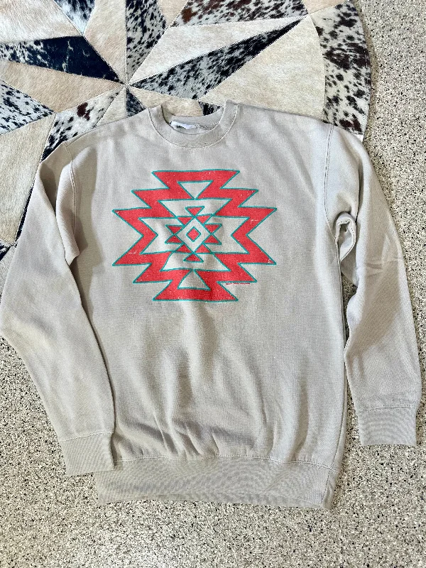 Retro Style Aztec Crewneck Sweatshirt - Stone