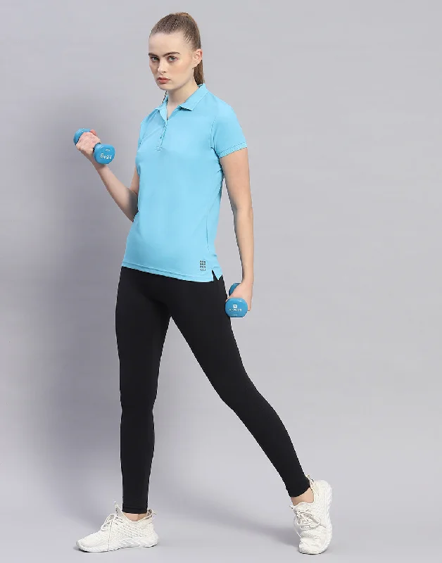 Relaxed Chic Women Blue Solid Polo Collar Half Sleeve T-Shirt