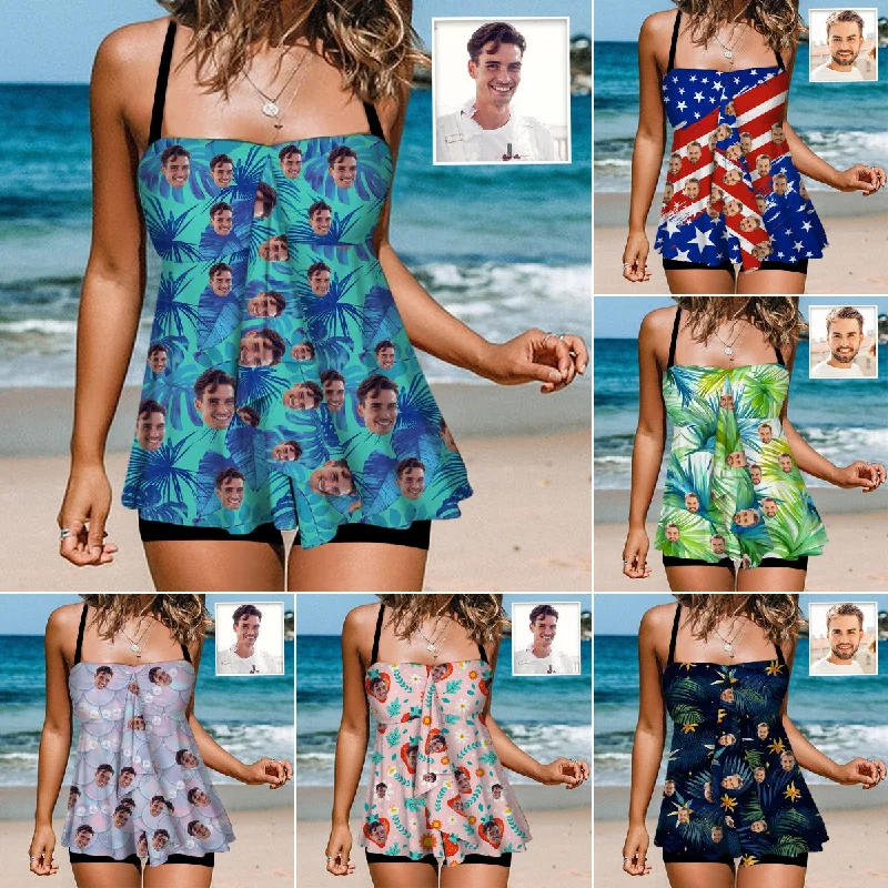 Sports Comfort Style Custom Face Blue Swimsuit Personalized Blue Face Two Piece Swimsuit Tankini For Women Sports Comfort Style Custom Face Blue Swimsuit Personalized Blue Face Two Piece Swimsuit Tankini For Women