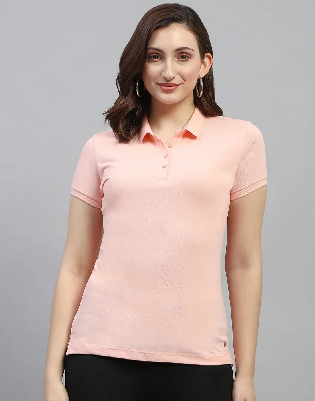 Advanced Design Women Peach Solid Polo Collar Half Sleeve T Shirt