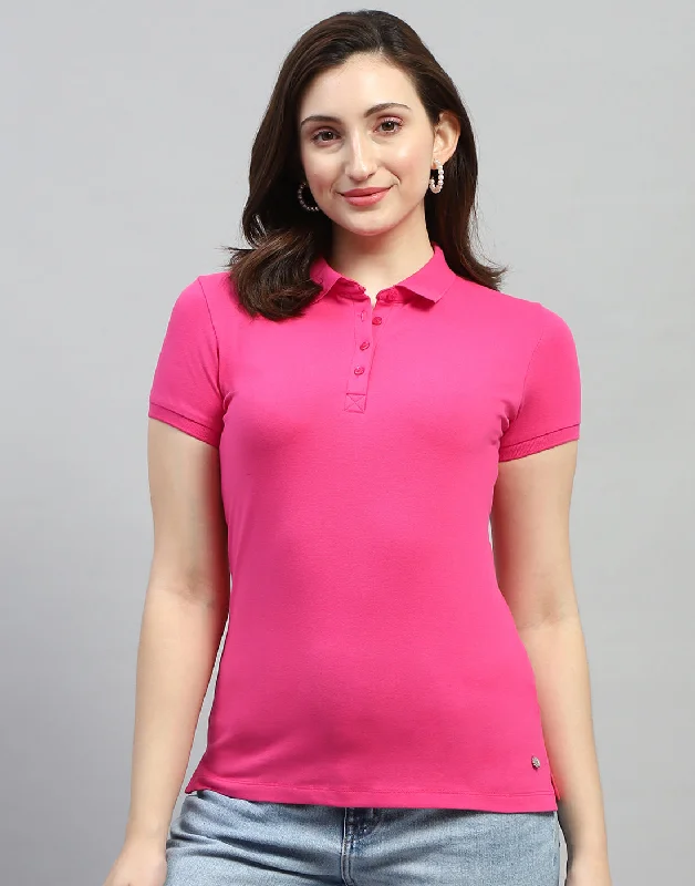 Fashionable And Fashionable Women Pink Solid Polo Collar Half Sleeve T Shirt