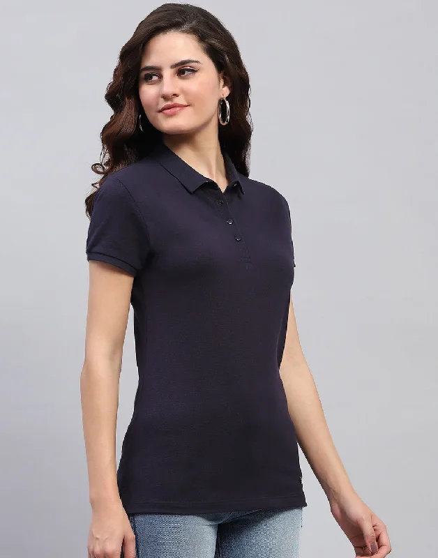 Versatile Style Women Blue Solid Collar Half Sleeve T-Shirt