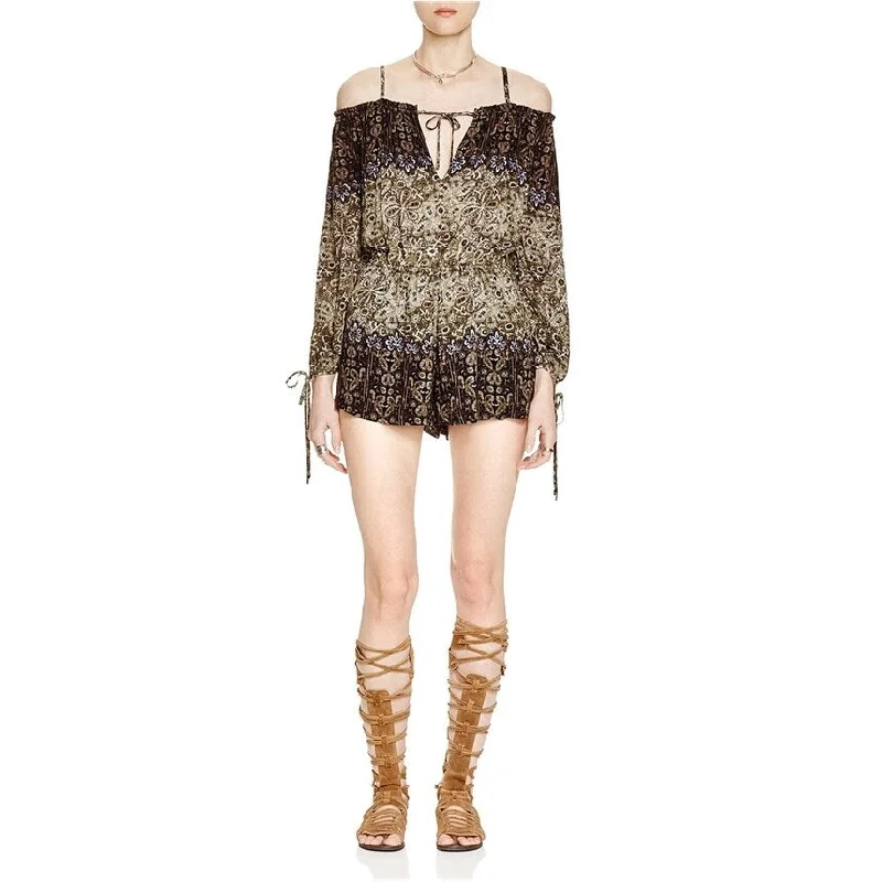 Black And White Style Free People Womens Off-The-Shoulder Romper Jumpsuit, Brown, X-Small