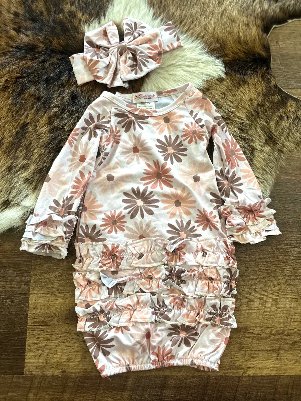 Sports Fitness Style Fall Florals Baby Gown with Bow
