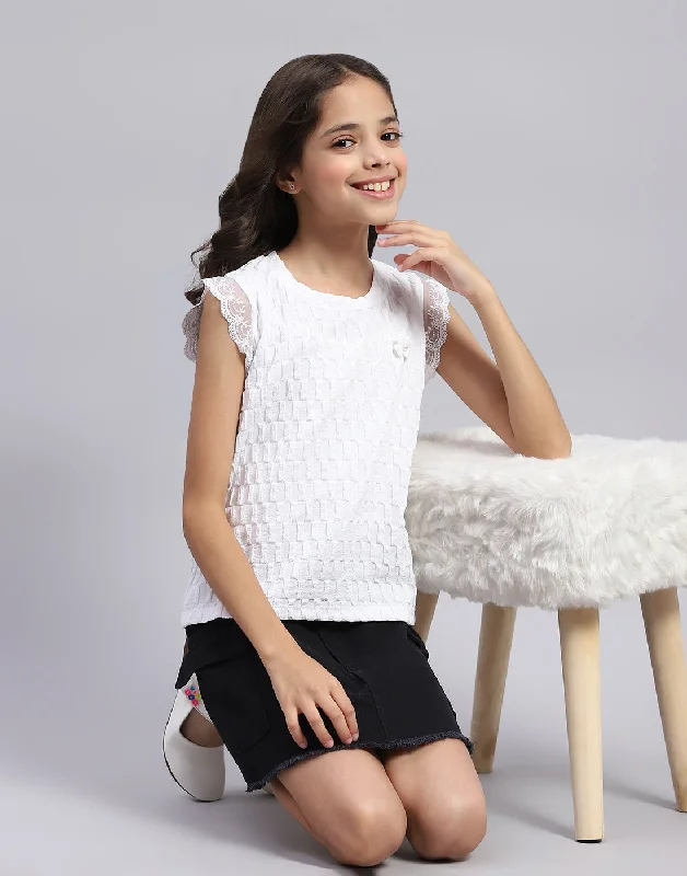 Noble And Elegant Girls White Self Design Round Neck Half Sleeve Top
