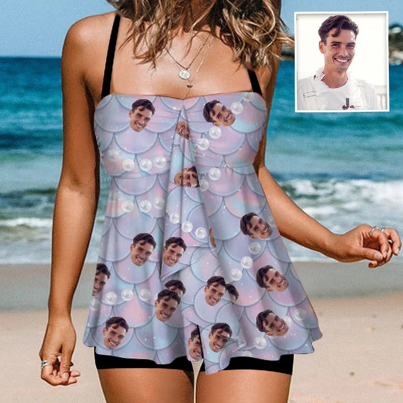 Fashionable and versatile Custom Face Swimsuit Personalized Face Mermaid Two Piece Swimsuit Tankini For Women