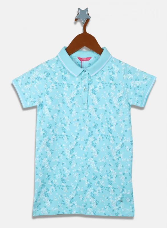Extra long version Girls Aqua Blue Printed T-Shirt