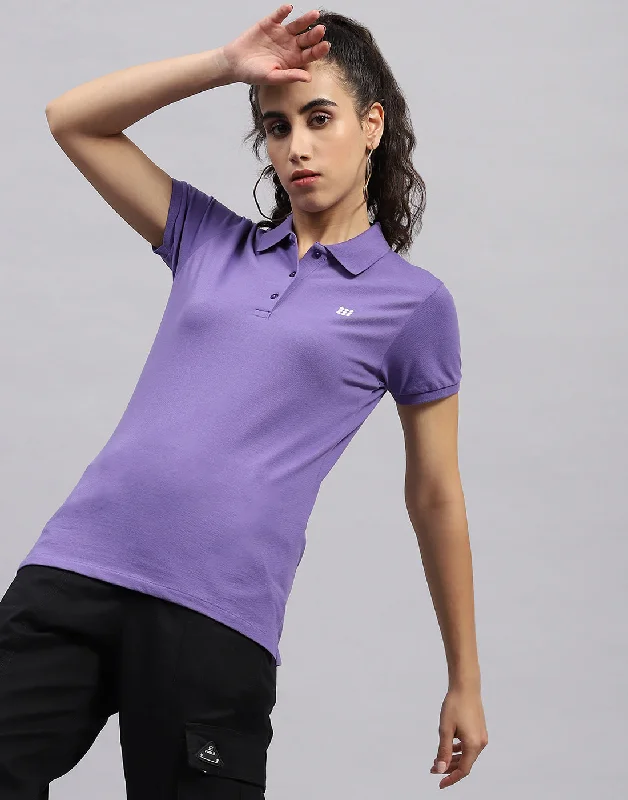 Cozy Chic Women Purple Solid Polo Collar Half Sleeve T Shirt