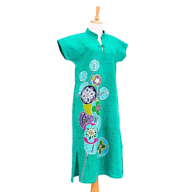 European And American Style Novica Handmade Lovely Jade Cotton Batik Sheath Dress