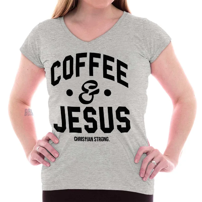 Trendy Items Coffee and Jesus Junior Fit V-Neck T-Shirt