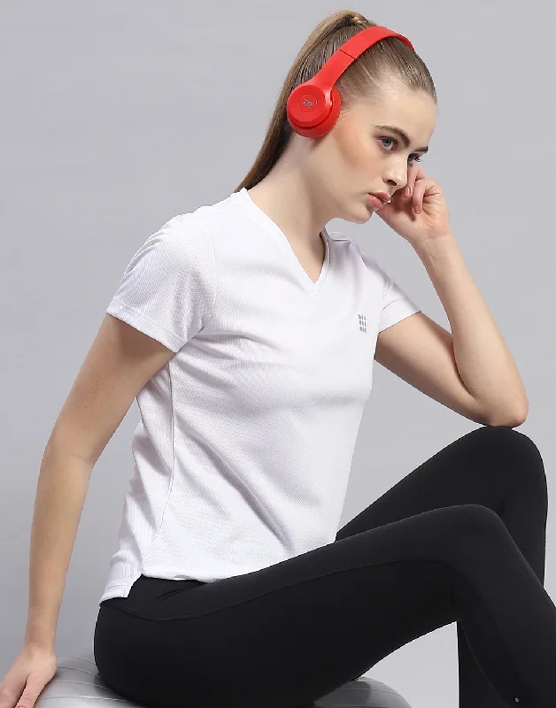 Classic Retro Women White Solid V Neck Half Sleeve Top