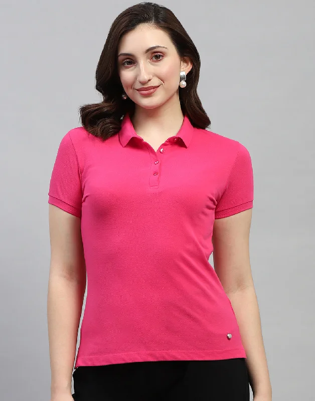 Free And Comfortable Women Pink Solid Polo Collar Half Sleeve T Shirt