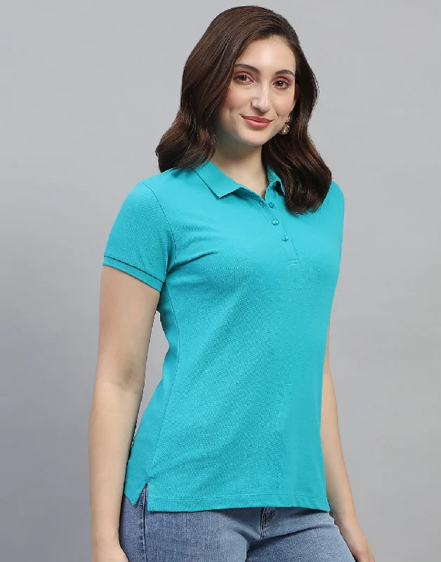 Casual Elegance Women Turquoise Blue Solid Collar Neck Half Sleeve T Shirt