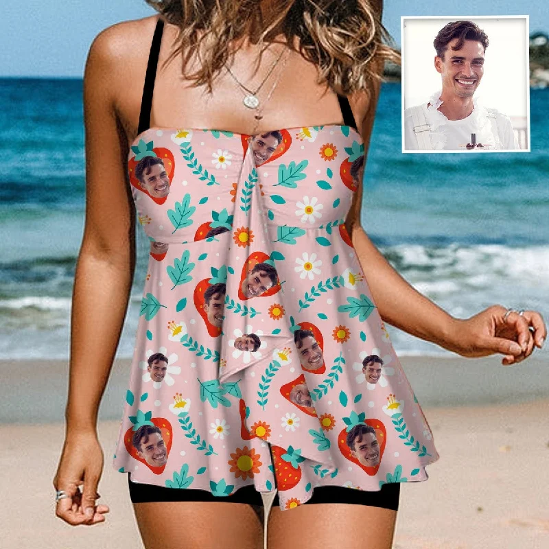 Independent design Custom Face Swimsuit Personalized Face Strawberry Blue Leaves Pink Two Piece Swimsuit Tankini For Women Independent design Custom Face Swimsuit Personalized Face Strawberry Blue Leaves Pink Two Piece Swimsuit Tankini For Women
