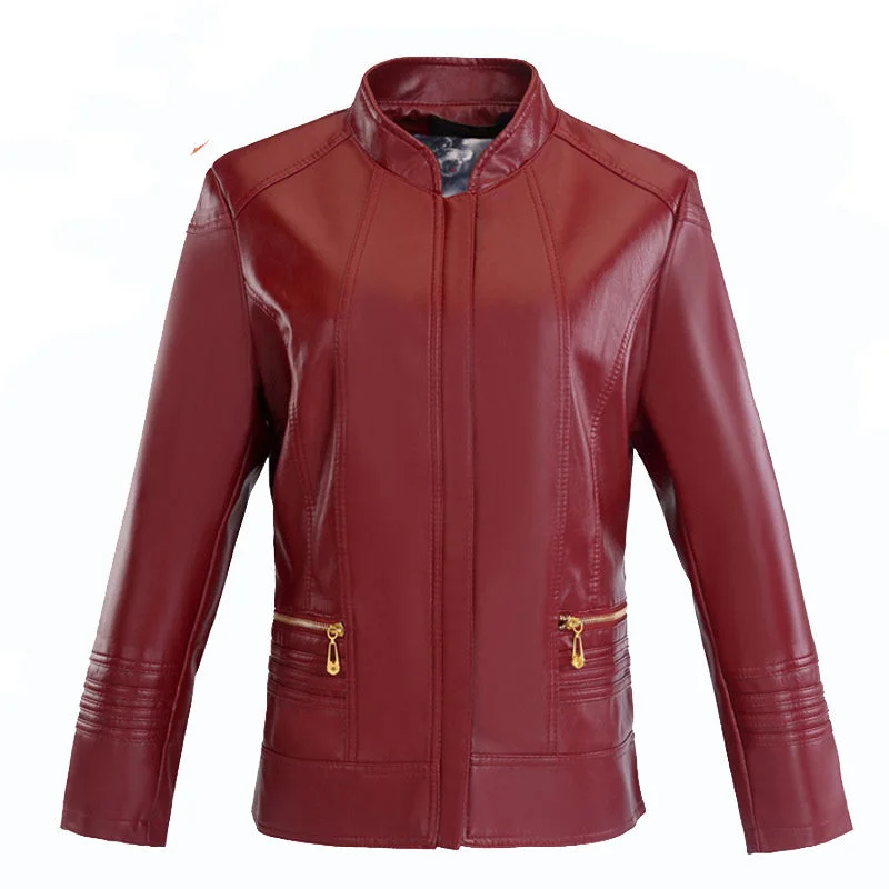 Exquisite Design Middle-aged And Elderly Women's Leather Jacket Short Stand Collar Zipper Slim Fit Exquisite Design Middle-aged And Elderly Women's Leather Jacket Short Stand Collar Zipper Slim Fit