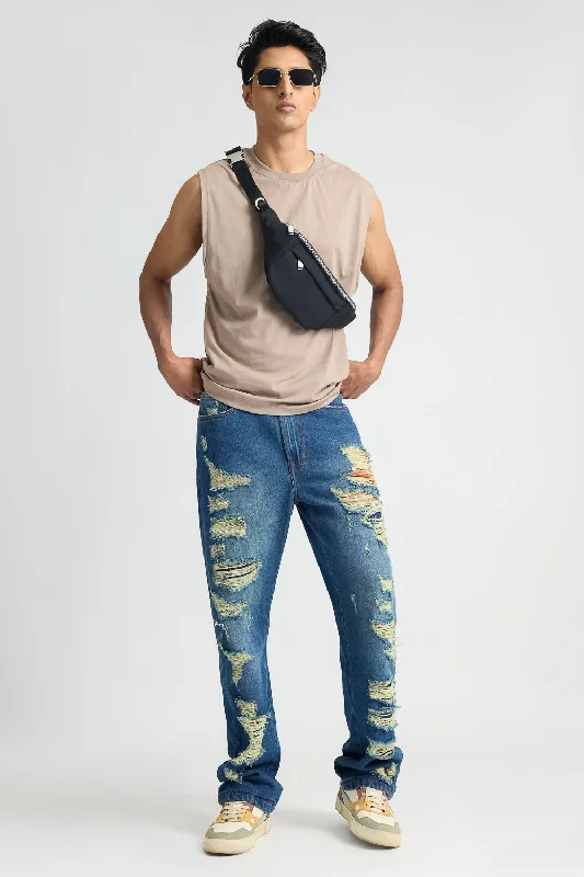 Elegant Comfort Men's Heavy Distress Blue Straight Jeans