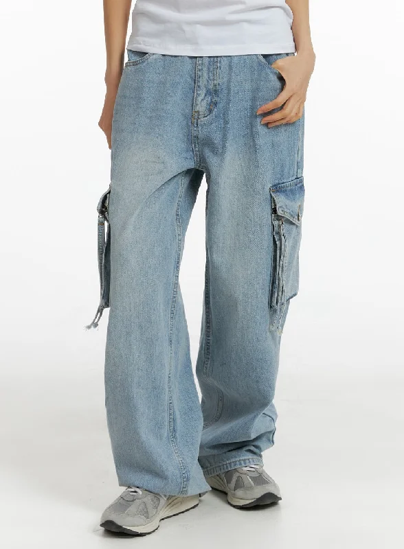 Round neck design Denim Pocket Cargo Wide Leg Jeans CM407