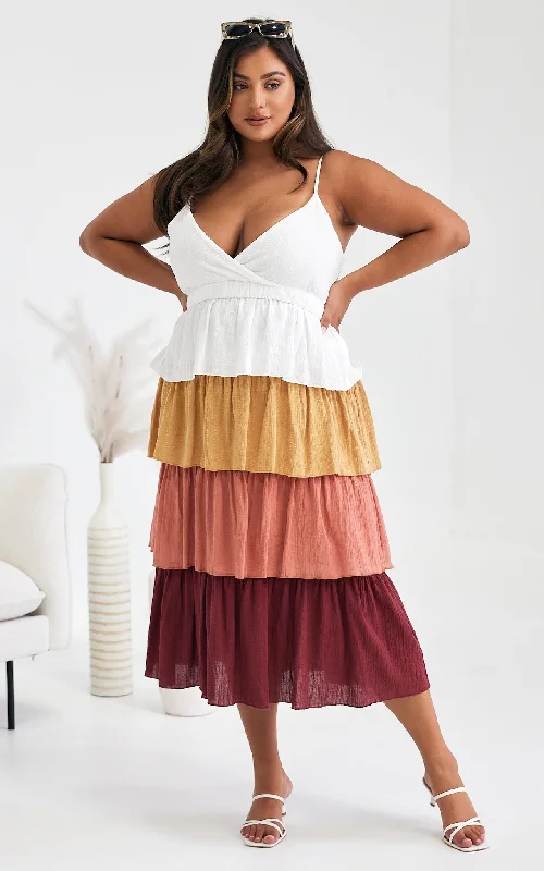 Slightly Flared Design Judi Dress - Wine Multi Block