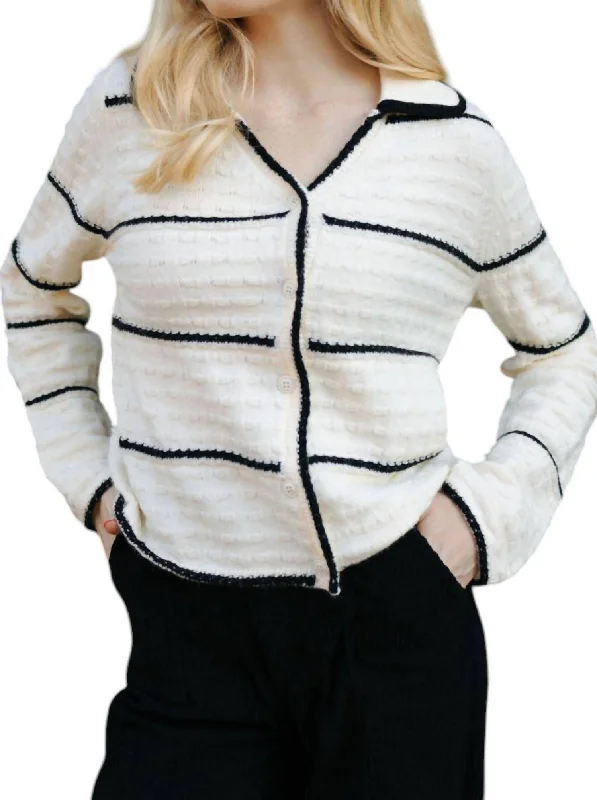 Effortless Style Stripe Button Up Cardigan In Ivory/black
