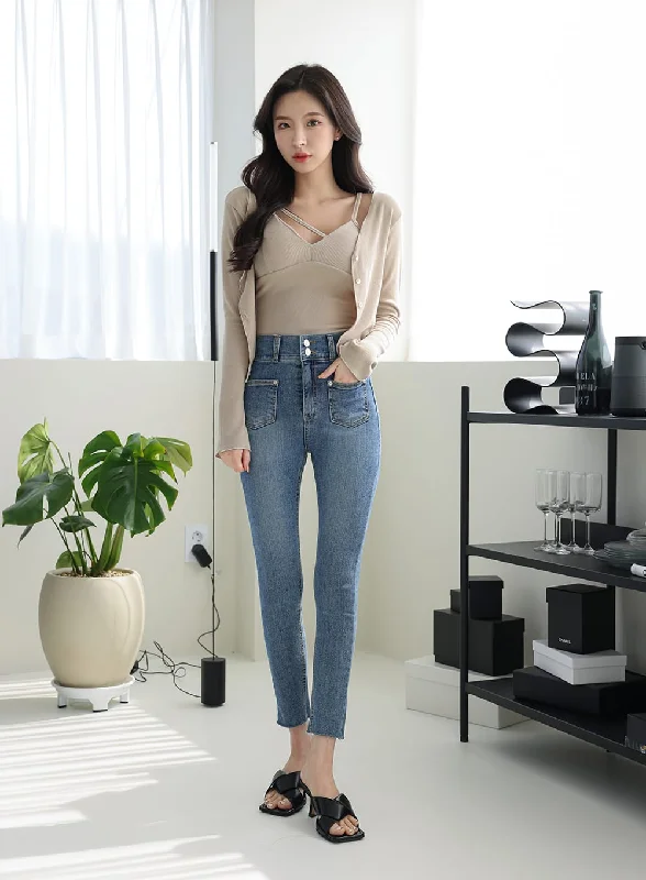 Comfortable Looks Double Button Raw Hem Skinny Jeans IA11
