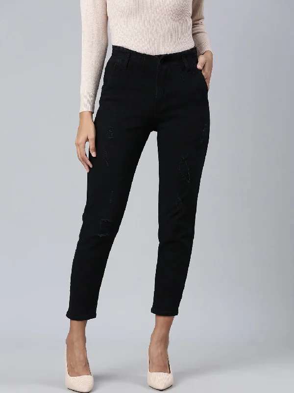 Sports Tights Women Black Solid Mom Fit Denim Jeans
