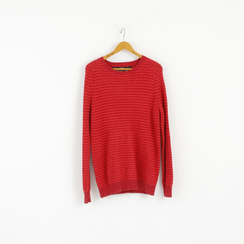 Retro Prints Hilfiger Denim Women XL Jumper Red Crew Neck Cotton Striped Long Sweater
