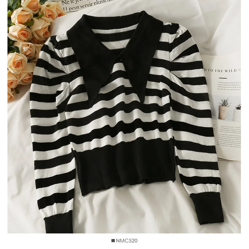 Lounge Wear Niche short versatile stripe slim Lapel T-shirt  1887