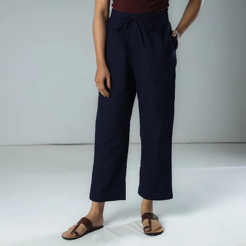 Exquisite Craftsmanship Navy Blue Texture Plain Dyed Cotton Relaxed Fit Pant