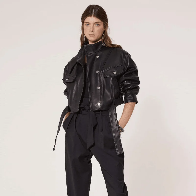 Easygoing Fashion Soft Waxy Wool Kid Leather Belted Denim Jacket