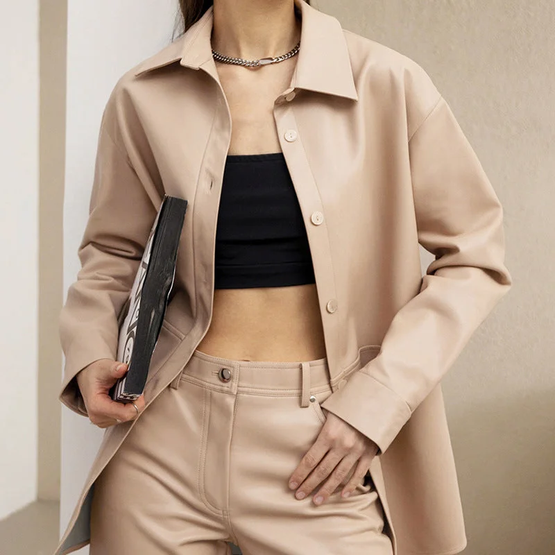 Trendy and versatile Fashion Long Sleeve Women's PU Shirt Leather Coat