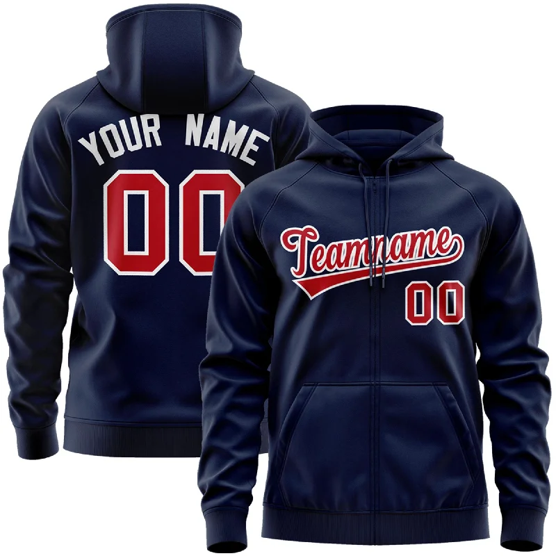 Soft Wear Custom Stitched Navy Red-White Sports Full-Zip Sweatshirt Hoodie