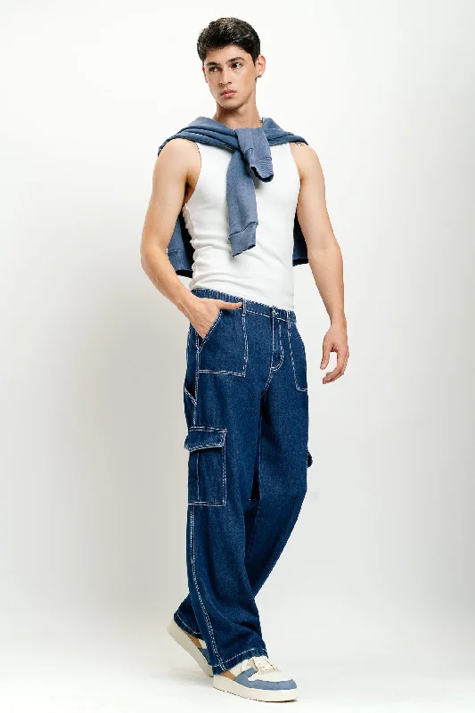 American Style Elasticated Mid Blue Men's Cargo Jeans