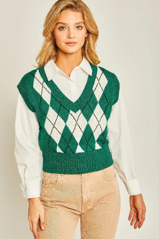 Elegant Outline FASHNZFAB Women's Argyle Print Sweater Vest