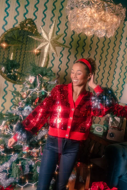 Leisure Travel Red & Black Buffalo Plaid Full Sequin With Feather Sleeve Cardigan