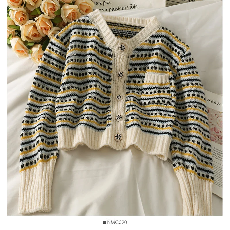 Short skirt design Vintage contrast stitched striped single breasted cardigan sweater  1869