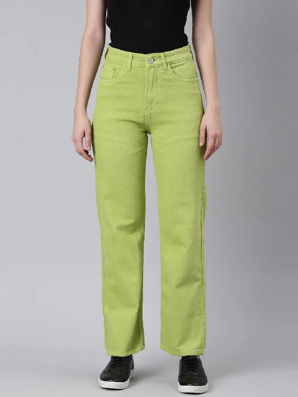 Playful Style Women Lime Green Solid Straight Fit Denim Jeans