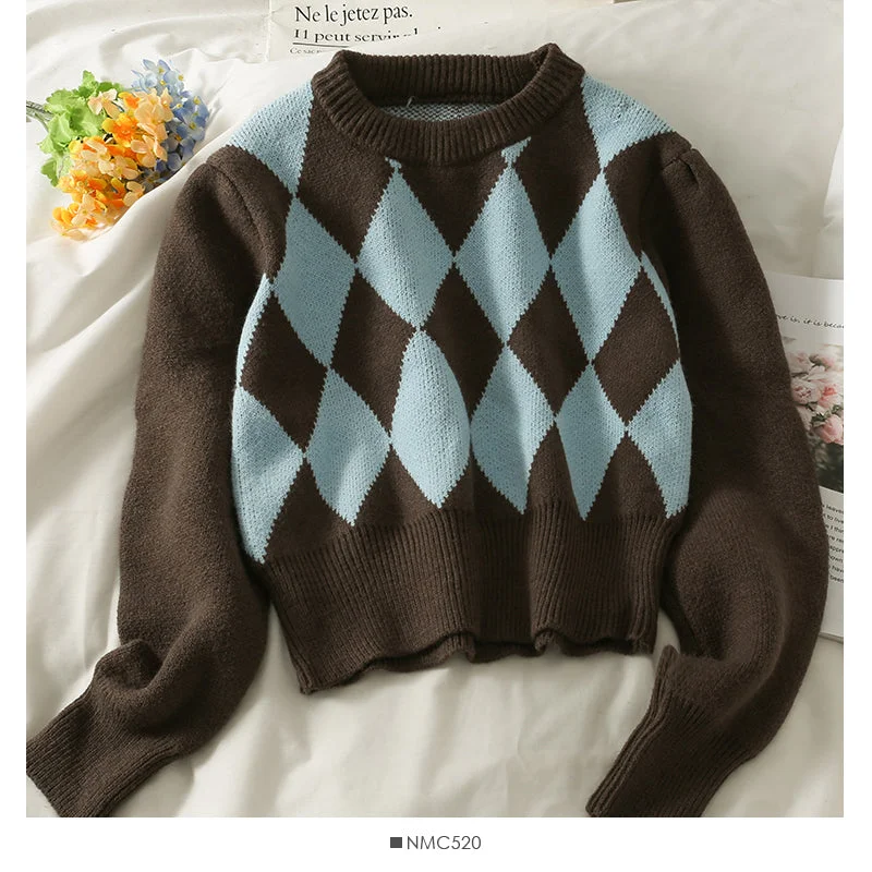Urban Chic Vintage color blocking diamond check crew neck short Pullover Sweater  1878