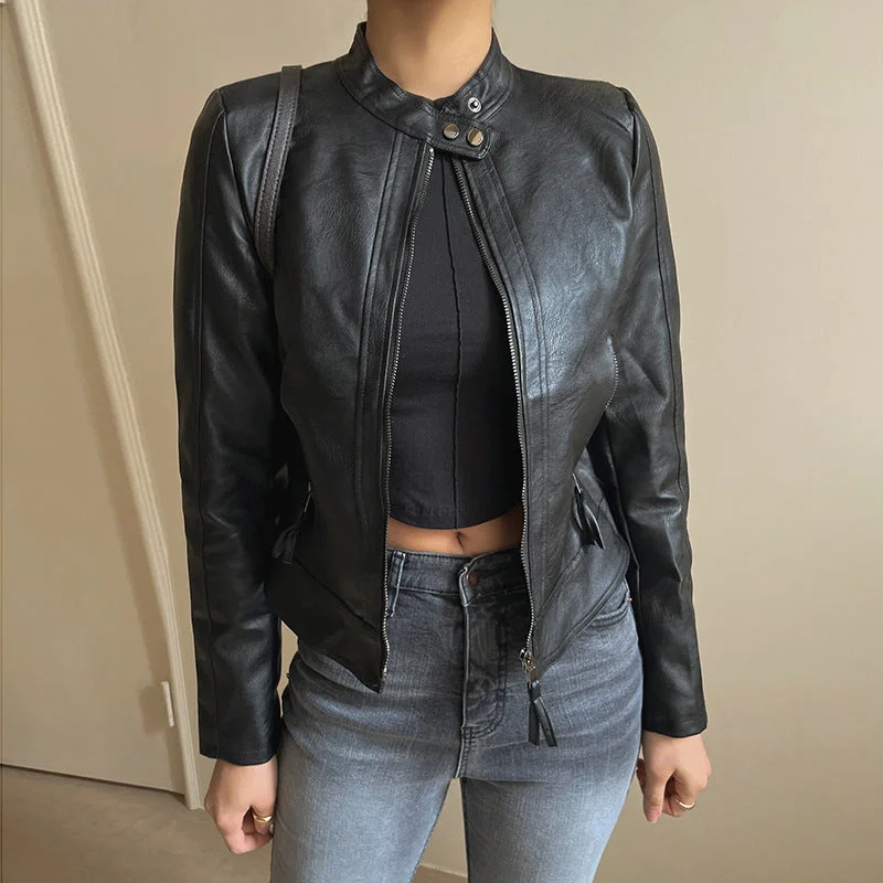 Independent design Women's American Motorcycle Black PU Leather Coat