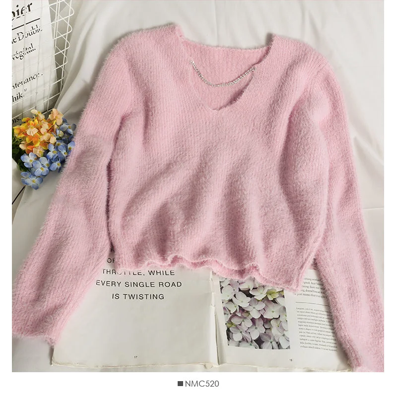Single-shoulder Neck Design Sweater women's autumn diamond chain decorative V-Neck Sweater  1866