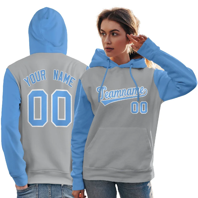 Simple Comfort Custom Gray Light Blue-White Raglan Sleeves Pullover Personalized Team Sweatshirt Hoodie Simple Comfort Custom Gray Light Blue-White Raglan Sleeves Pullover Personalized Team Sweatshirt Hoodie