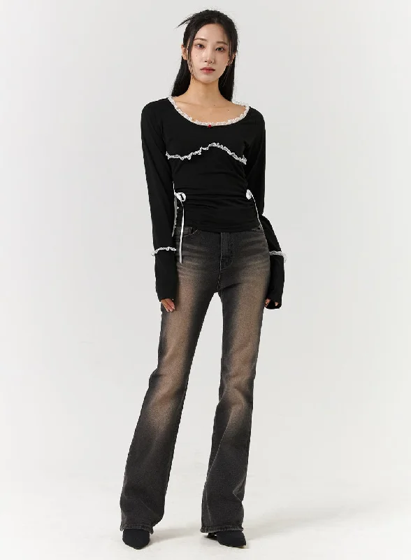 Eye-catching Personality Denim Middle Waist Solid Flared Jeans CD322